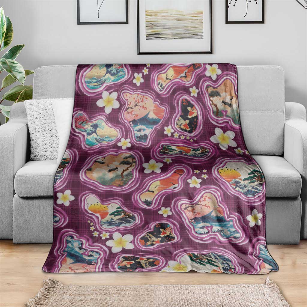 Hawaii Islands Map Design with Japanese Landscape Blanket Hawaiian Japan Fusion Art Pink Color LT03 - Polynesian Pride