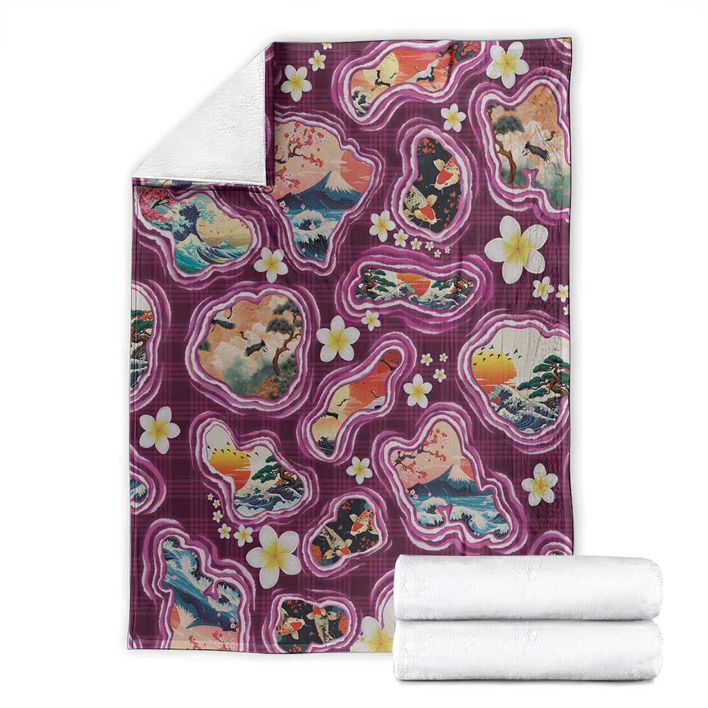 Hawaii Islands Map Design with Japanese Landscape Blanket Hawaiian Japan Fusion Art Pink Color LT03 - Polynesian Pride