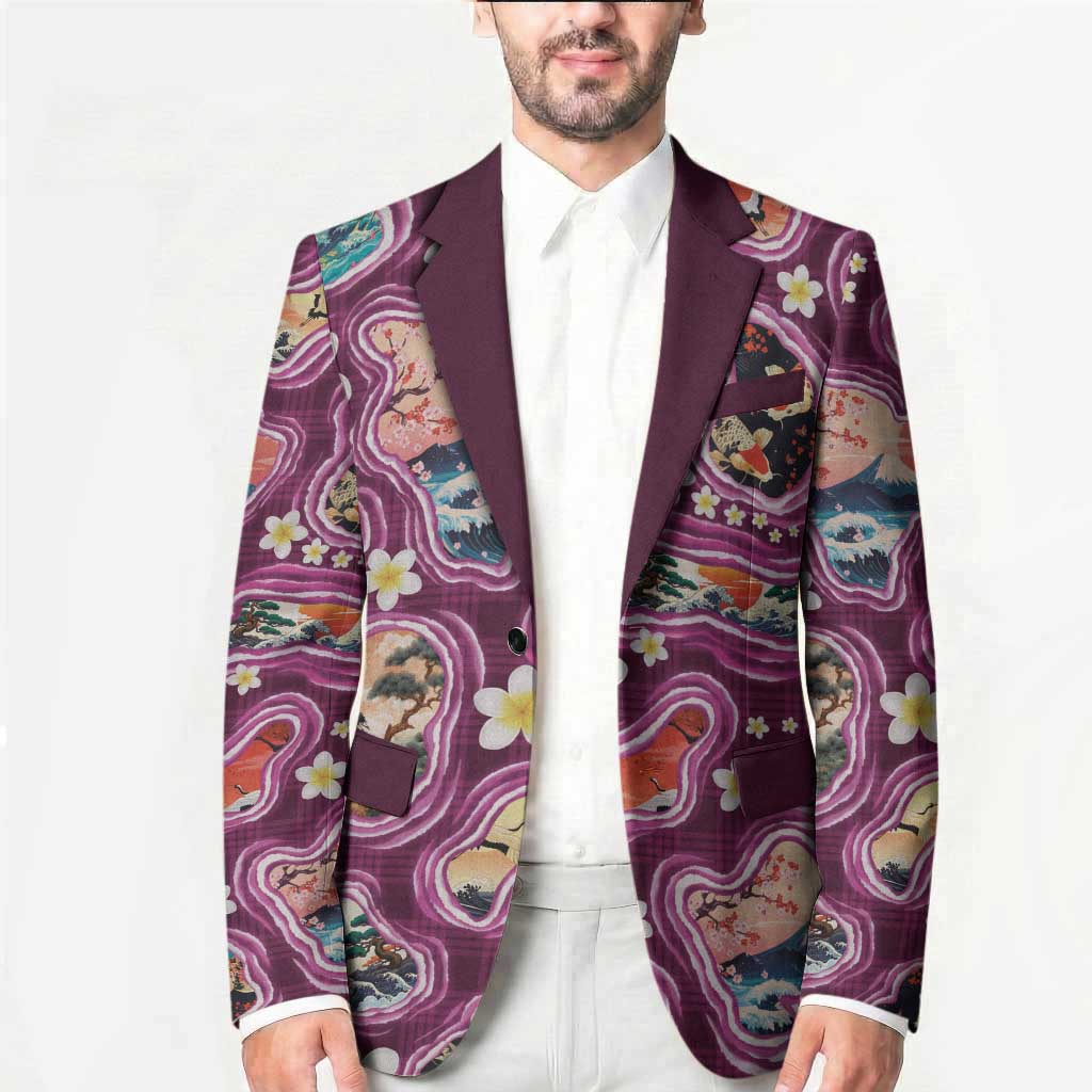 Hawaii Islands Map Design with Japanese Landscape Blazer Hawaiian Japan Fusion Art Pink Color LT03 - Polynesian Pride