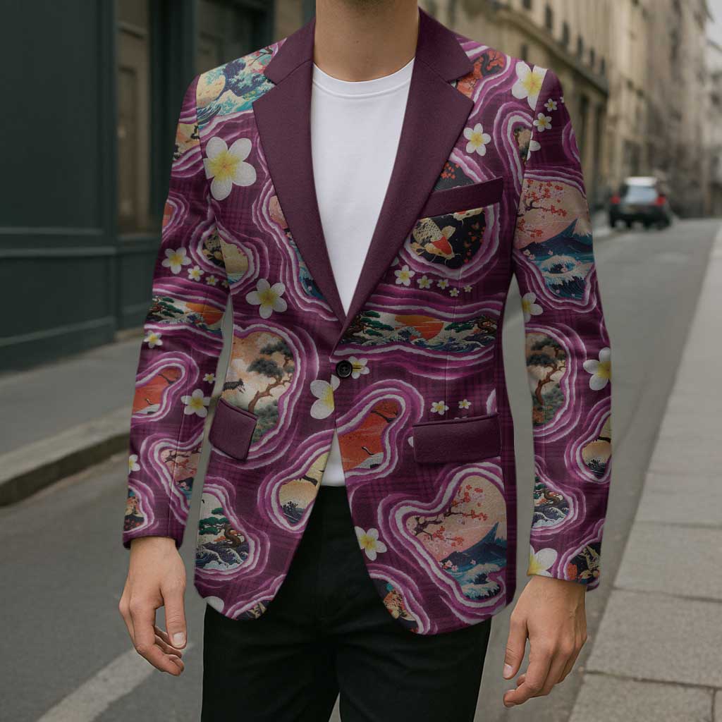 Hawaii Islands Map Design with Japanese Landscape Blazer Hawaiian Japan Fusion Art Pink Color LT03 - Polynesian Pride