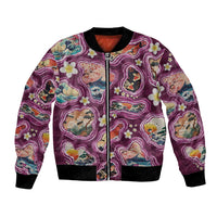 Hawaii Islands Map Design with Japanese Landscape Bomber Jacket Hawaiian Japan Fusion Art Pink Color