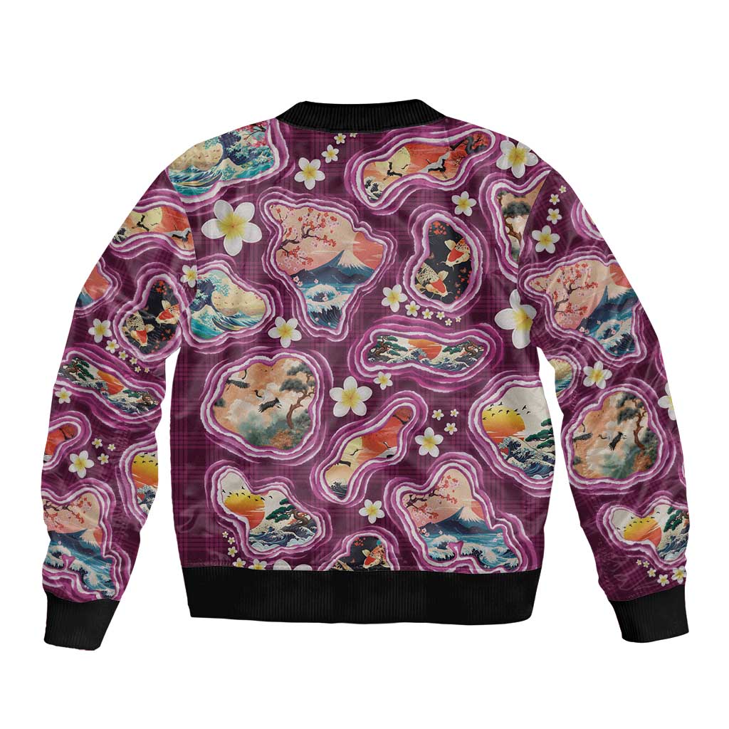 Hawaii Islands Map Design with Japanese Landscape Bomber Jacket Hawaiian Japan Fusion Art Pink Color