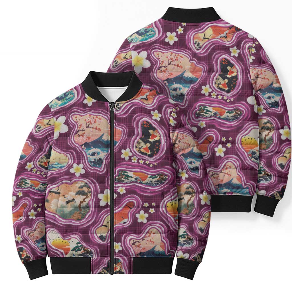 Hawaii Islands Map Design with Japanese Landscape Bomber Puffer Jacket Hawaiian Japan Fusion Art Pink Color LT03 - Polynesian Pride
