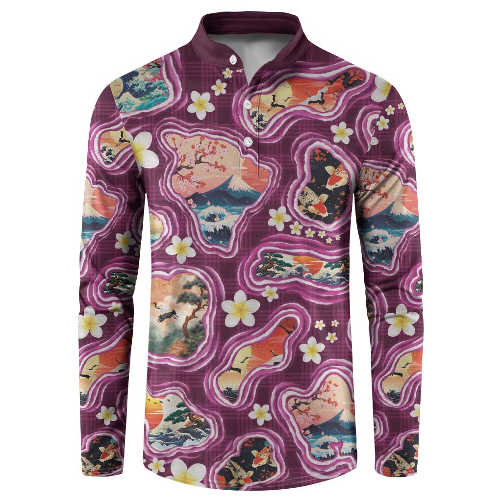 Hawaii Islands Map Design with Japanese Landscape Button Sweatshirt Hawaiian Japan Fusion Art Pink Color LT03 Pink - Polynesian Pride
