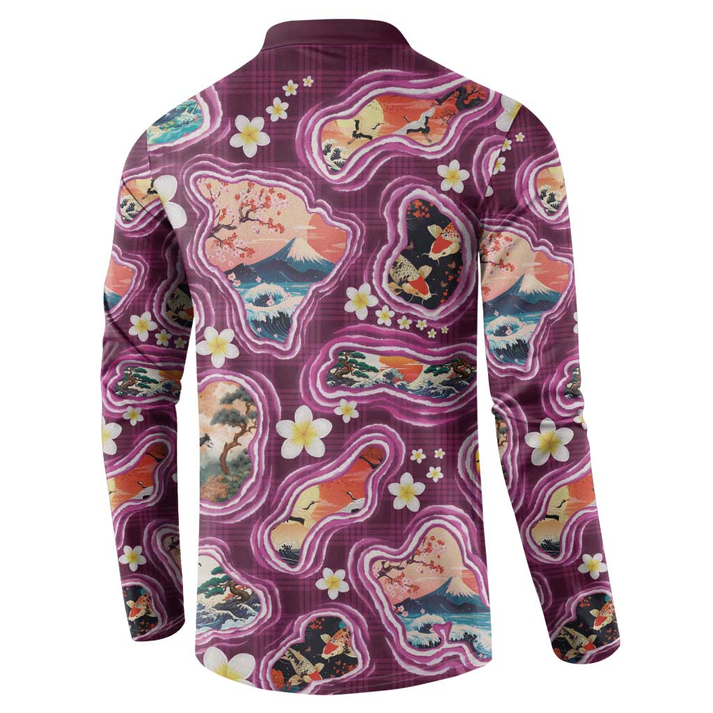 Hawaii Islands Map Design with Japanese Landscape Button Sweatshirt Hawaiian Japan Fusion Art Pink Color
