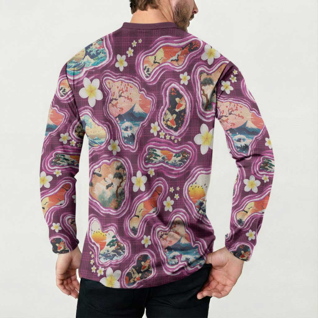 Hawaii Islands Map Design with Japanese Landscape Button Sweatshirt Hawaiian Japan Fusion Art Pink Color