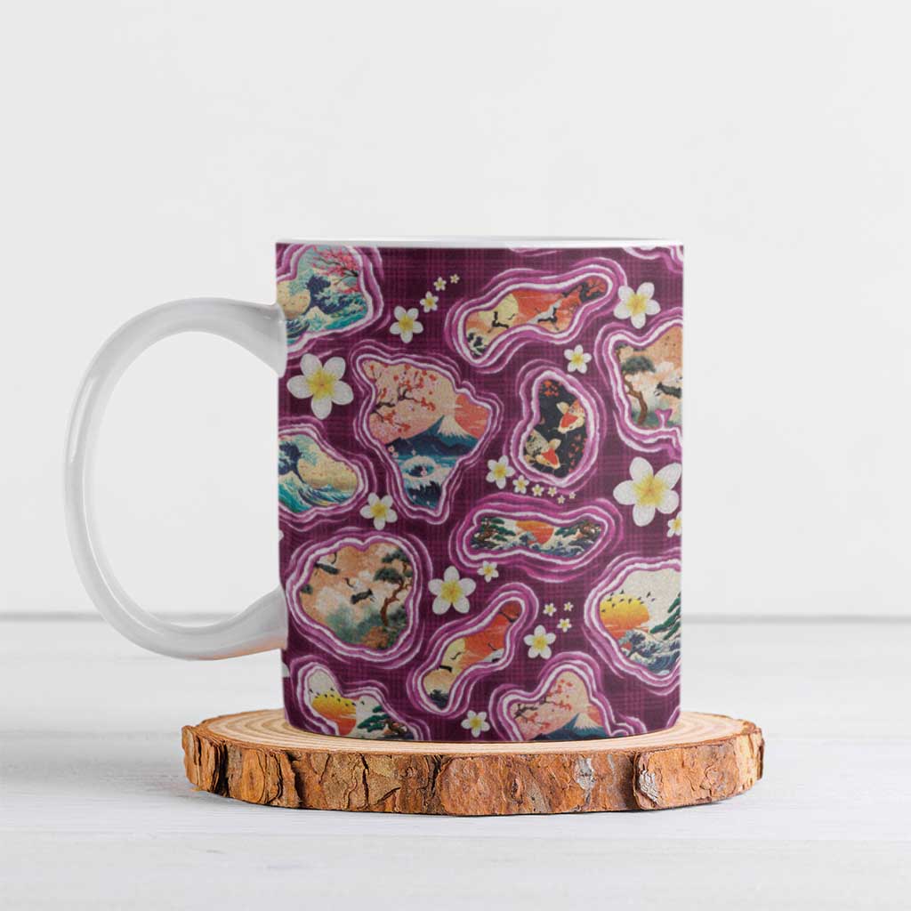 Hawaii Islands Map Design with Japanese Landscape Ceramic Mug Hawaiian Japan Fusion Art Pink Color LT03 Pink - Polynesian Pride