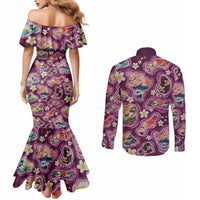 Hawaii Islands Map Design with Japanese Landscape Couples Matching Mermaid Dress and Long Sleeve Button Shirt Hawaiian Japan Fusion Art Pink Color