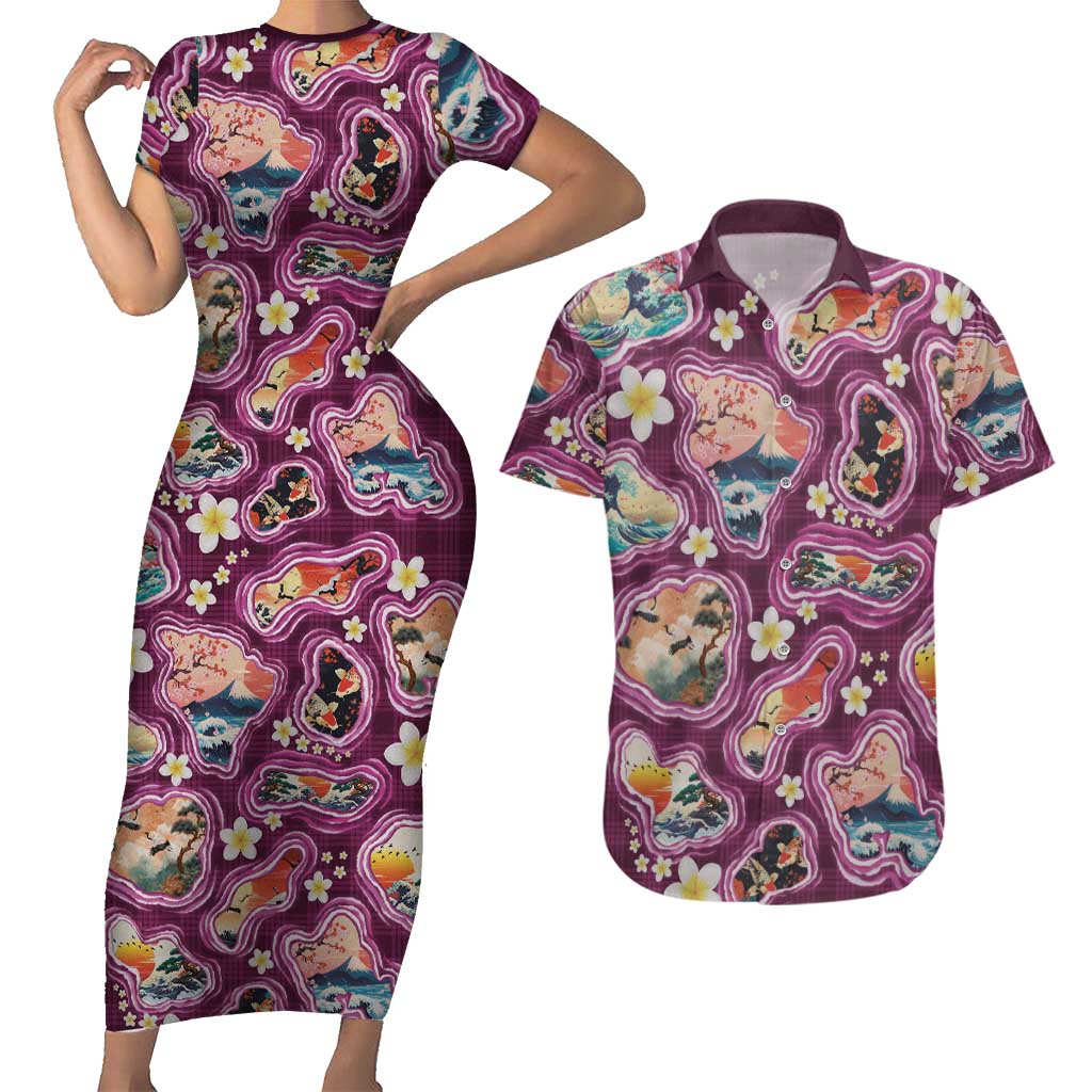 Hawaii Islands Map Design with Japanese Landscape Couples Matching Short Sleeve Bodycon Dress and Hawaiian Shirt Hawaiian Japan Fusion Art Pink Color LT03 Pink - Polynesian Pride