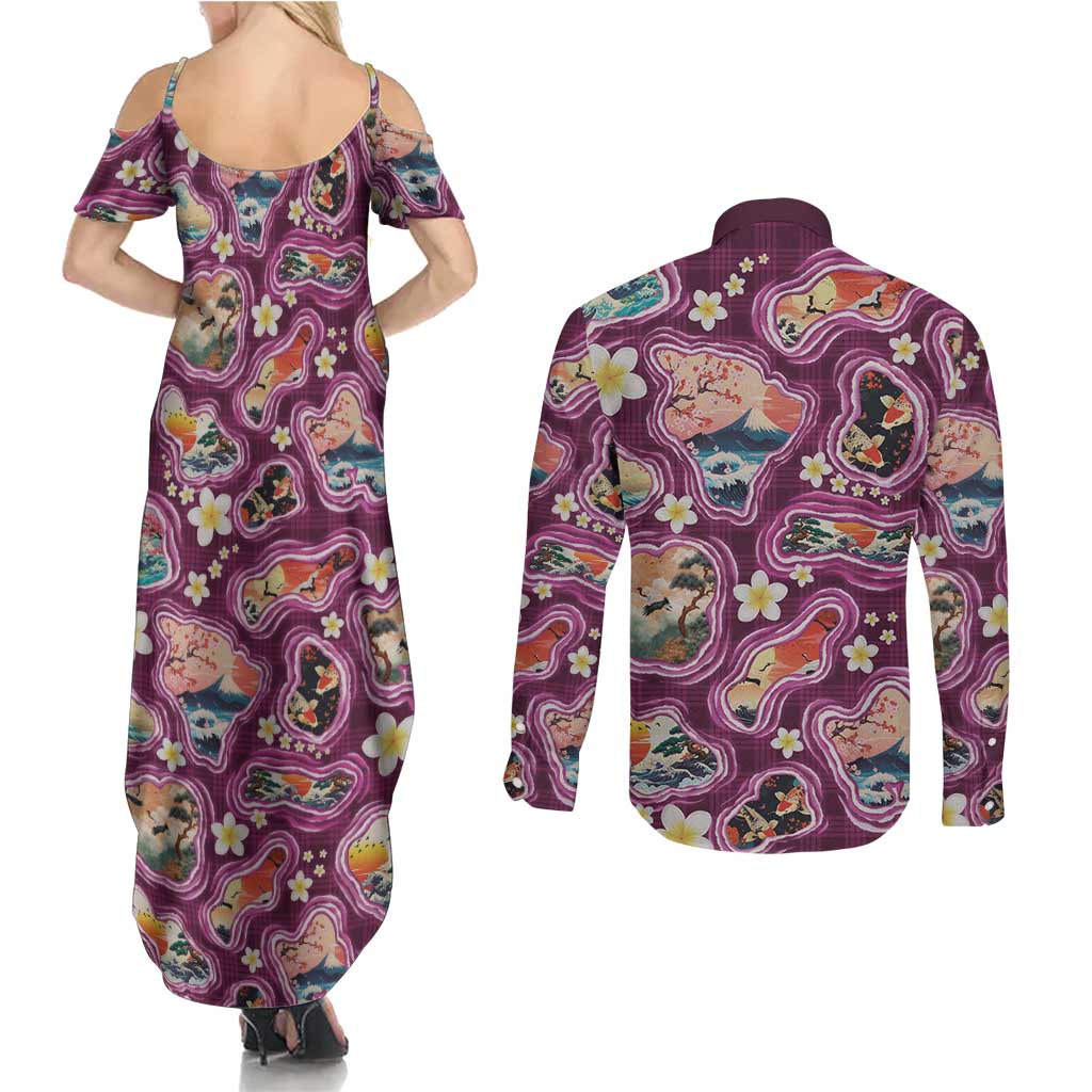 Hawaii Islands Map Design with Japanese Landscape Couples Matching Summer Maxi Dress and Long Sleeve Button Shirt Hawaiian Japan Fusion Art Pink Color