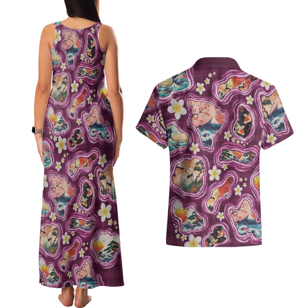 Hawaii Islands Map Design with Japanese Landscape Couples Matching Tank Maxi Dress and Hawaiian Shirt Hawaiian Japan Fusion Art Pink Color