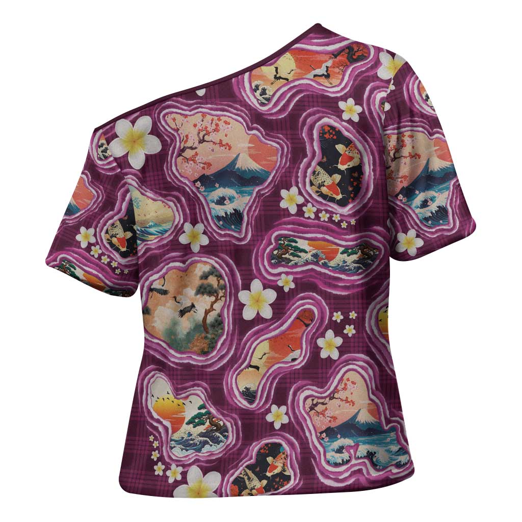 Hawaii Islands Map Design with Japanese Landscape Cross Shoulder Shirt Hawaiian Japan Fusion Art Pink Color
