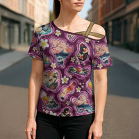 Hawaii Islands Map Design with Japanese Landscape Cross Shoulder Shirt Hawaiian Japan Fusion Art Pink Color
