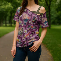 Hawaii Islands Map Design with Japanese Landscape Cross Shoulder Shirt Hawaiian Japan Fusion Art Pink Color