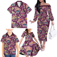 Hawaii Islands Map Design with Japanese Landscape Family Matching Off The Shoulder Long Sleeve Dress and Hawaiian Shirt Hawaiian Japan Fusion Art Pink Color