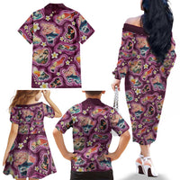 Hawaii Islands Map Design with Japanese Landscape Family Matching Off The Shoulder Long Sleeve Dress and Hawaiian Shirt Hawaiian Japan Fusion Art Pink Color