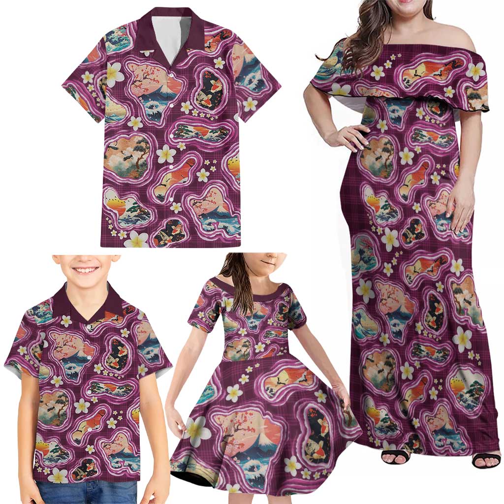 Hawaii Islands Map Design with Japanese Landscape Family Matching Off Shoulder Maxi Dress and Hawaiian Shirt Hawaiian Japan Fusion Art Pink Color