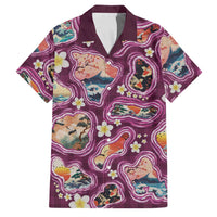 Hawaii Islands Map Design with Japanese Landscape Family Matching Off Shoulder Maxi Dress and Hawaiian Shirt Hawaiian Japan Fusion Art Pink Color