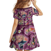 Hawaii Islands Map Design with Japanese Landscape Family Matching Off Shoulder Short Dress and Hawaiian Shirt Hawaiian Japan Fusion Art Pink Color