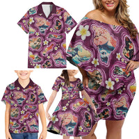 Hawaii Islands Map Design with Japanese Landscape Family Matching Off Shoulder Short Dress and Hawaiian Shirt Hawaiian Japan Fusion Art Pink Color