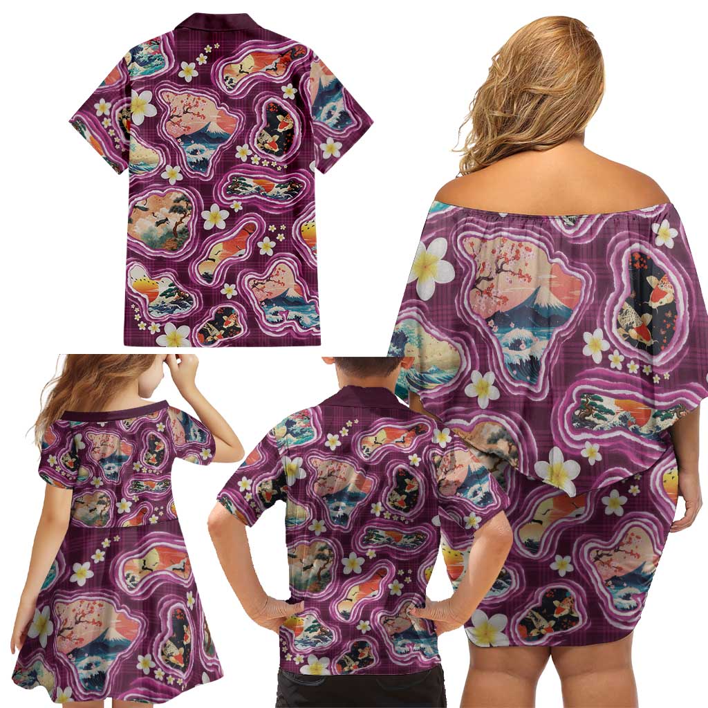 Hawaii Islands Map Design with Japanese Landscape Family Matching Off Shoulder Short Dress and Hawaiian Shirt Hawaiian Japan Fusion Art Pink Color