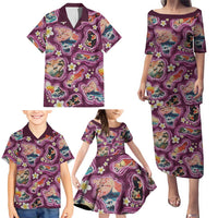 Hawaii Islands Map Design with Japanese Landscape Family Matching Puletasi and Hawaiian Shirt Hawaiian Japan Fusion Art Pink Color