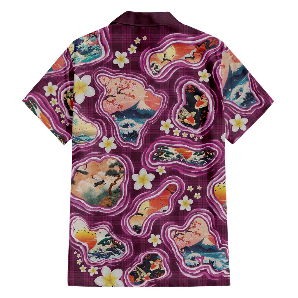 Hawaii Islands Map Design with Japanese Landscape Family Matching Puletasi and Hawaiian Shirt Hawaiian Japan Fusion Art Pink Color