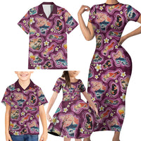 Hawaii Islands Map Design with Japanese Landscape Family Matching Short Sleeve Bodycon Dress and Hawaiian Shirt Hawaiian Japan Fusion Art Pink Color