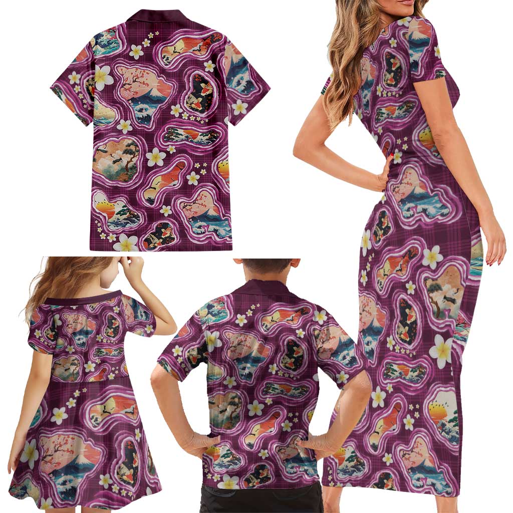 Hawaii Islands Map Design with Japanese Landscape Family Matching Short Sleeve Bodycon Dress and Hawaiian Shirt Hawaiian Japan Fusion Art Pink Color