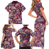 Hawaii Islands Map Design with Japanese Landscape Family Matching Short Sleeve Bodycon Dress and Hawaiian Shirt Hawaiian Japan Fusion Art Pink Color