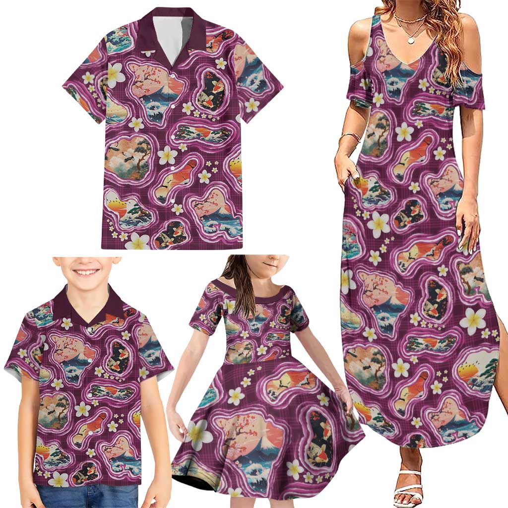 Hawaii Islands Map Design with Japanese Landscape Family Matching Summer Maxi Dress and Hawaiian Shirt Hawaiian Japan Fusion Art Pink Color LT03 - Polynesian Pride