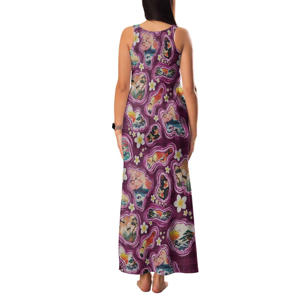Hawaii Islands Map Design with Japanese Landscape Family Matching Tank Maxi Dress and Hawaiian Shirt Hawaiian Japan Fusion Art Pink Color
