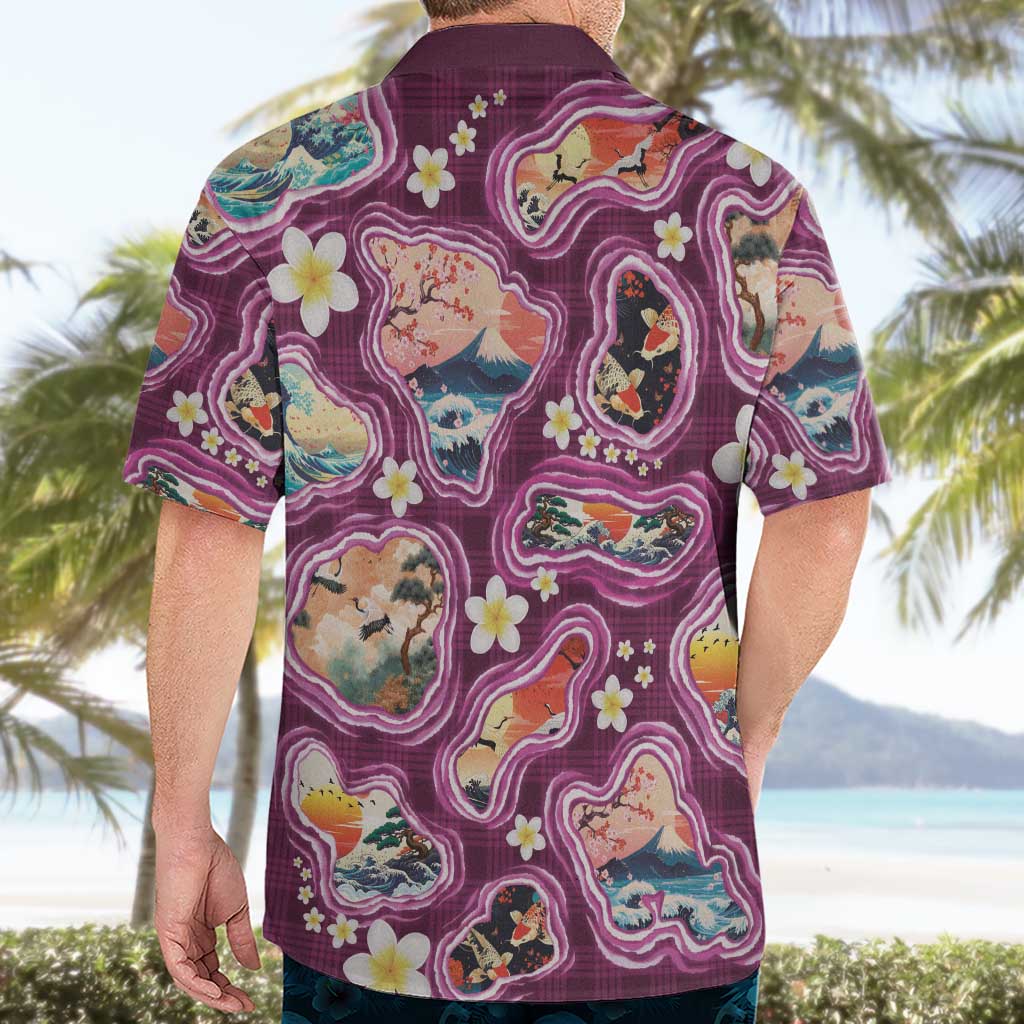 Hawaii Islands Map Design with Japanese Landscape Hawaiian Shirt Hawaiian Japan Fusion Art Pink Color