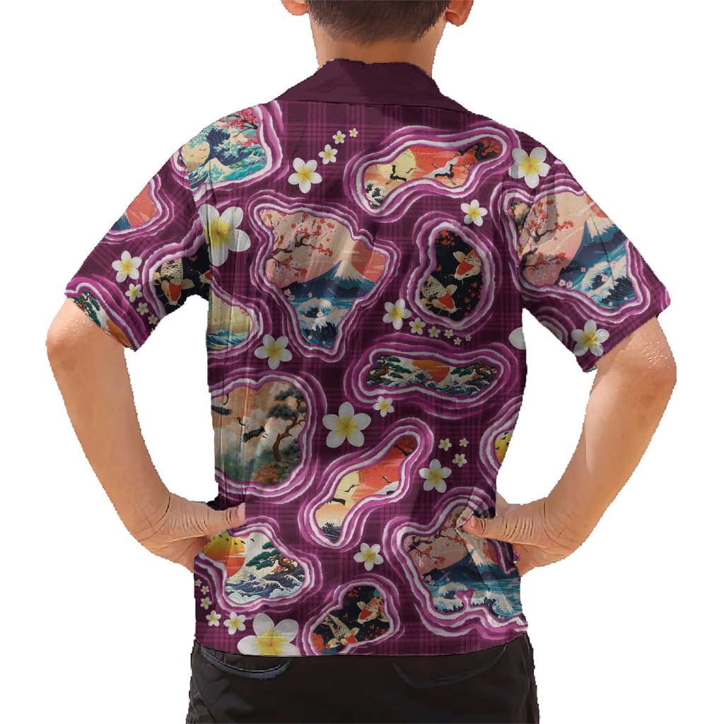 Hawaii Islands Map Design with Japanese Landscape Hawaiian Shirt Hawaiian Japan Fusion Art Pink Color