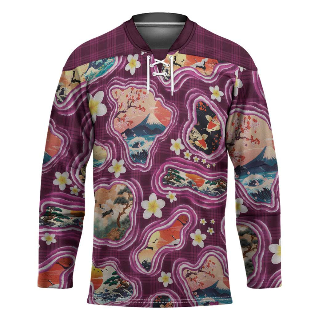 Hawaii Islands Map Design with Japanese Landscape Hockey Jersey Hawaiian Japan Fusion Art Pink Color