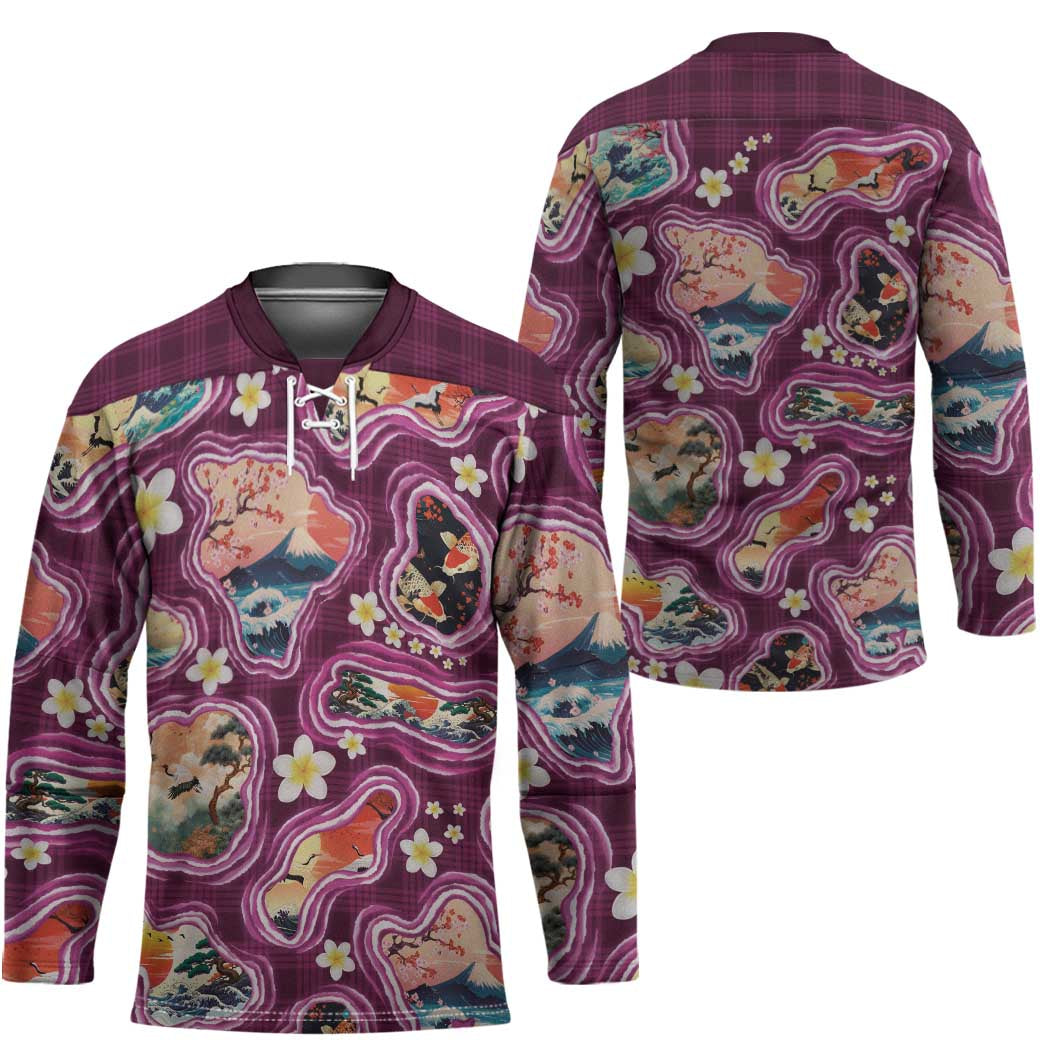 Hawaii Islands Map Design with Japanese Landscape Hockey Jersey Hawaiian Japan Fusion Art Pink Color