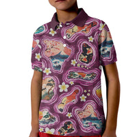 Hawaii Islands Map Design with Japanese Landscape Kid Polo Shirt Hawaiian Japan Fusion Art Pink Color