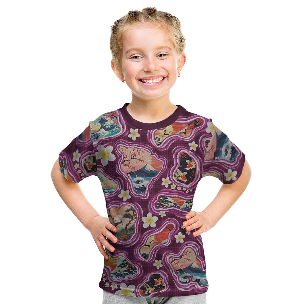 Hawaii Islands Map Design with Japanese Landscape Kid T Shirt Hawaiian Japan Fusion Art Pink Color LT03 Pink - Polynesian Pride