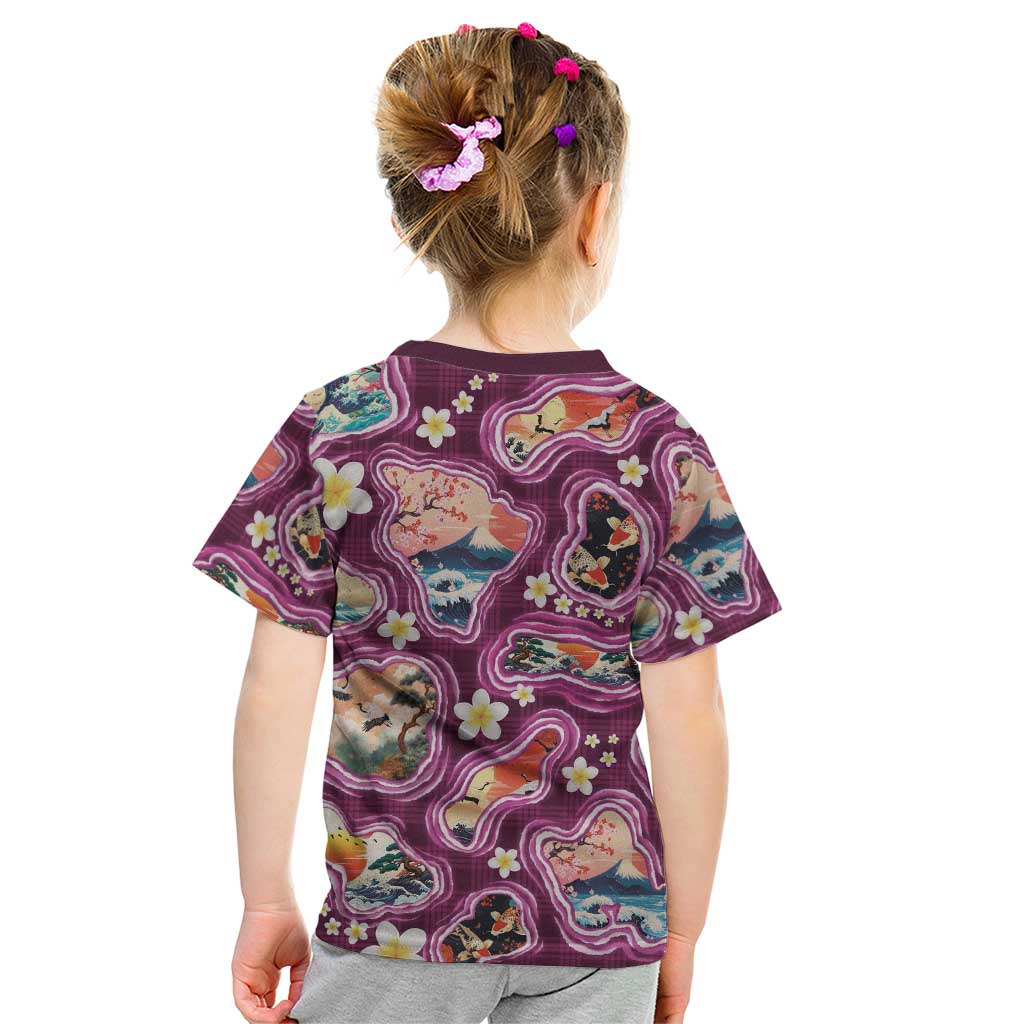 Hawaii Islands Map Design with Japanese Landscape Kid T Shirt Hawaiian Japan Fusion Art Pink Color