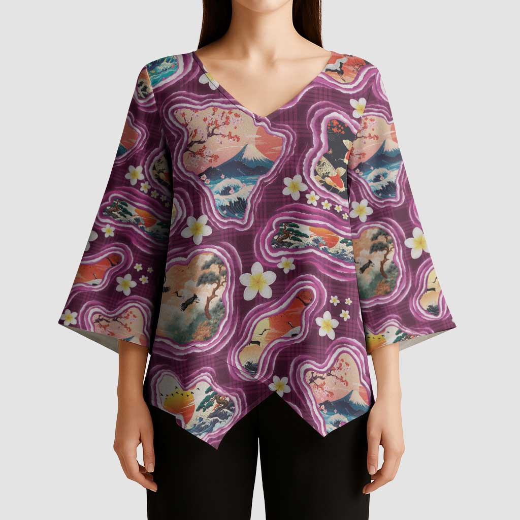 Hawaii Islands Map Design with Japanese Landscape Kimono Sleeve Blouse Hawaiian Japan Fusion Art Pink Color