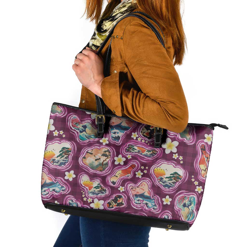 Hawaii Islands Map Design with Japanese Landscape Leather Tote Bag Hawaiian Japan Fusion Art Pink Color LT03 Pink - Polynesian Pride
