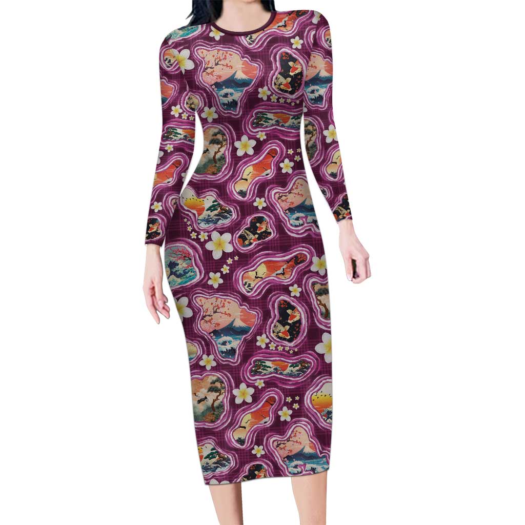 Hawaii Islands Map Design with Japanese Landscape Long Sleeve Bodycon Dress Hawaiian Japan Fusion Art Pink Color LT03 Long Dress Pink - Polynesian Pride