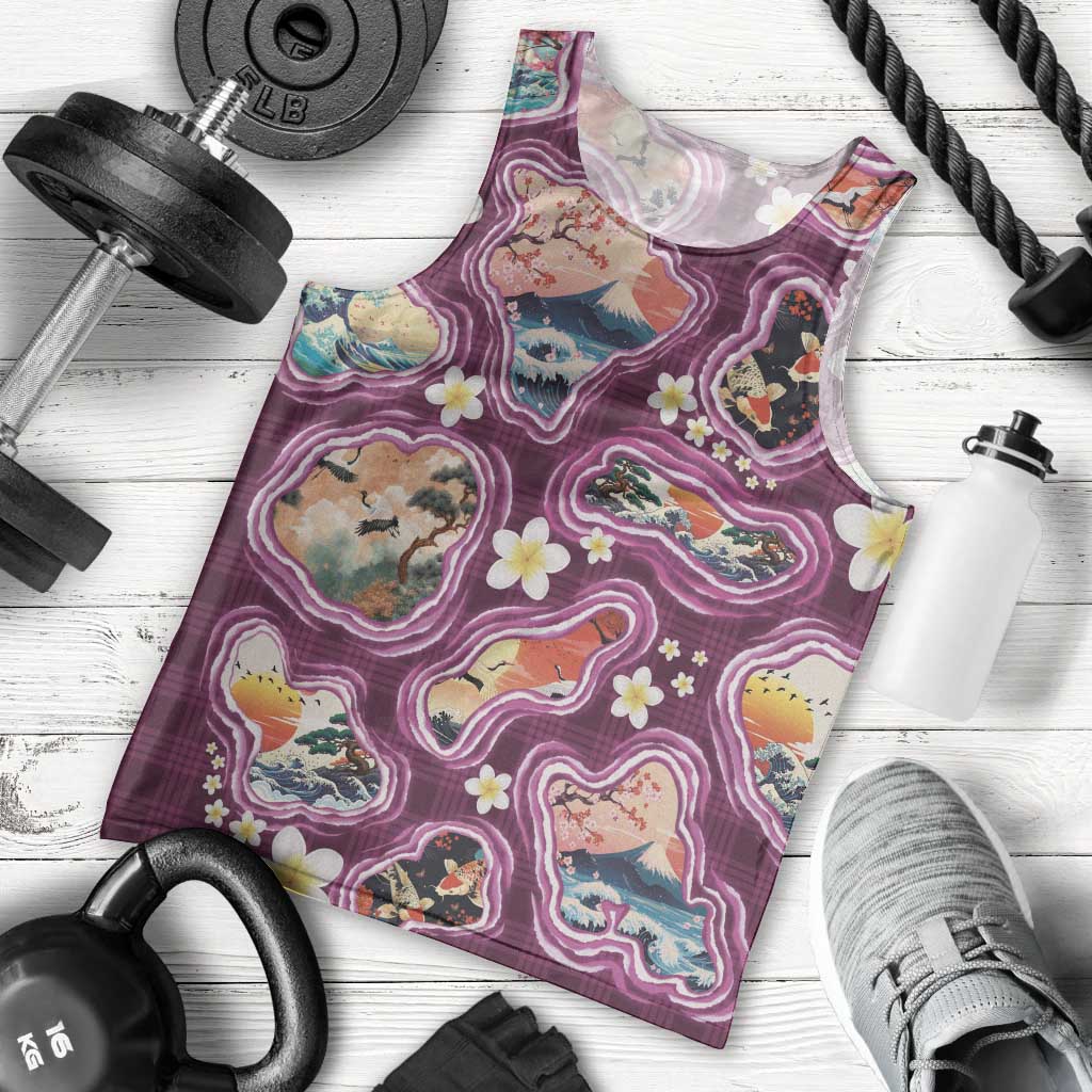 Hawaii Islands Map Design with Japanese Landscape Men Tank Top Hawaiian Japan Fusion Art Pink Color