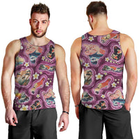 Hawaii Islands Map Design with Japanese Landscape Men Tank Top Hawaiian Japan Fusion Art Pink Color