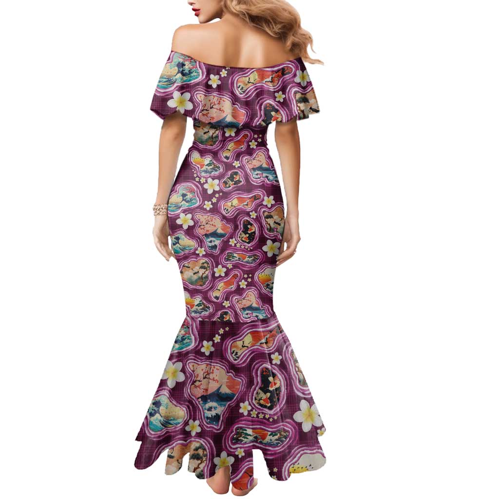 Hawaii Islands Map Design with Japanese Landscape Mermaid Dress Hawaiian Japan Fusion Art Pink Color
