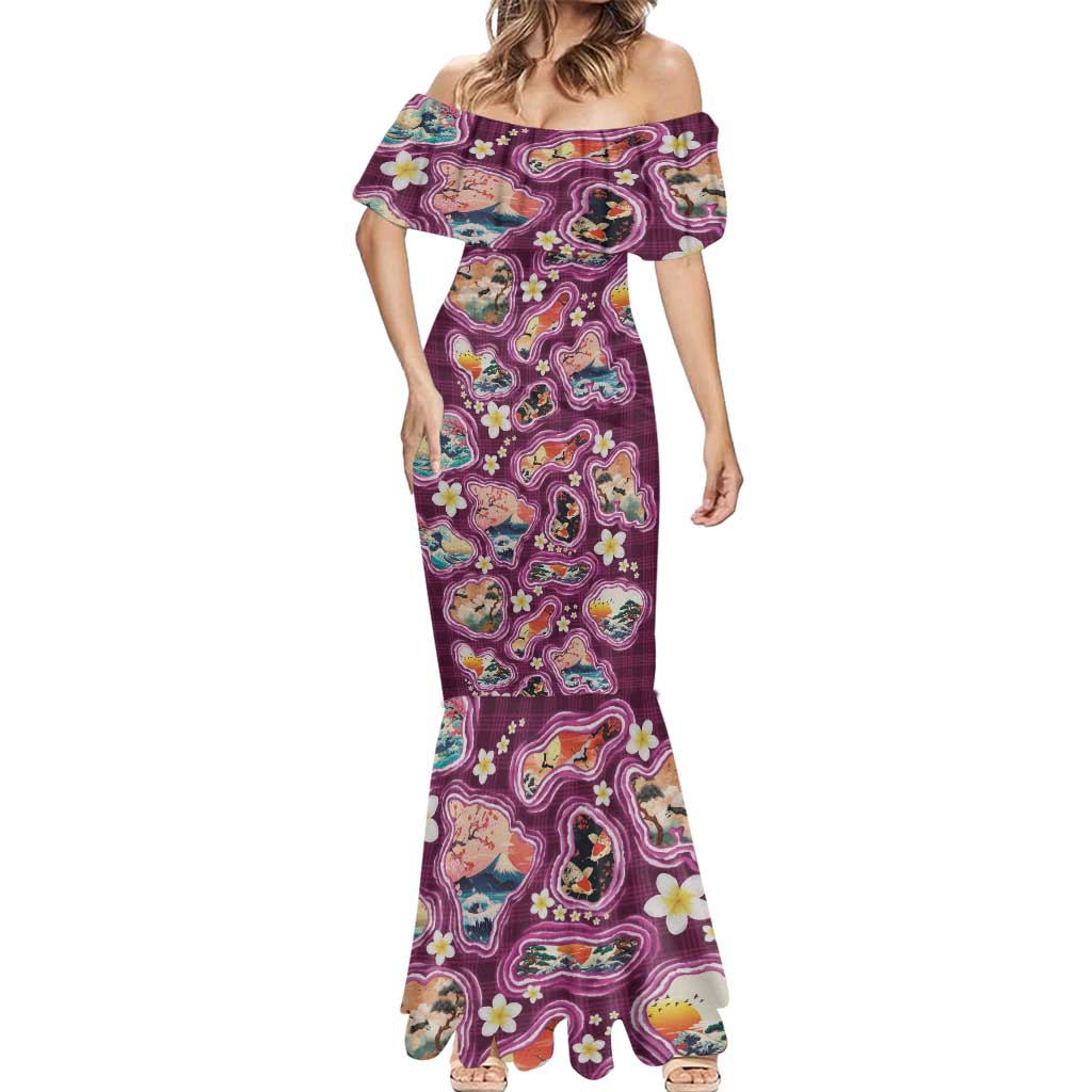 Hawaii Islands Map Design with Japanese Landscape Mermaid Dress Hawaiian Japan Fusion Art Pink Color