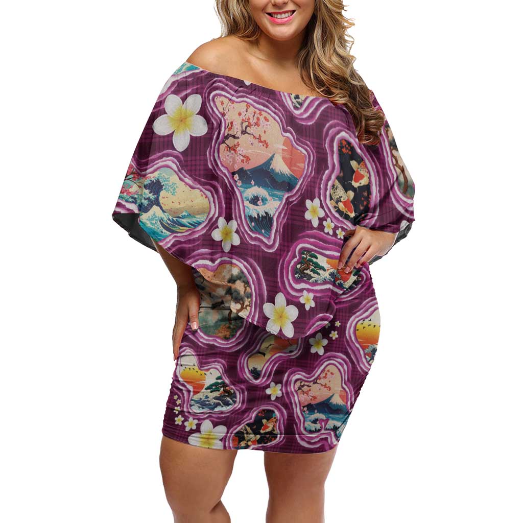 Hawaii Islands Map Design with Japanese Landscape Off Shoulder Short Dress Hawaiian Japan Fusion Art Pink Color