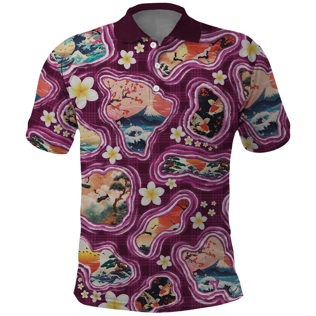 Hawaii Islands Map Design with Japanese Landscape Polo Shirt Hawaiian Japan Fusion Art Pink Color LT03 Pink - Polynesian Pride
