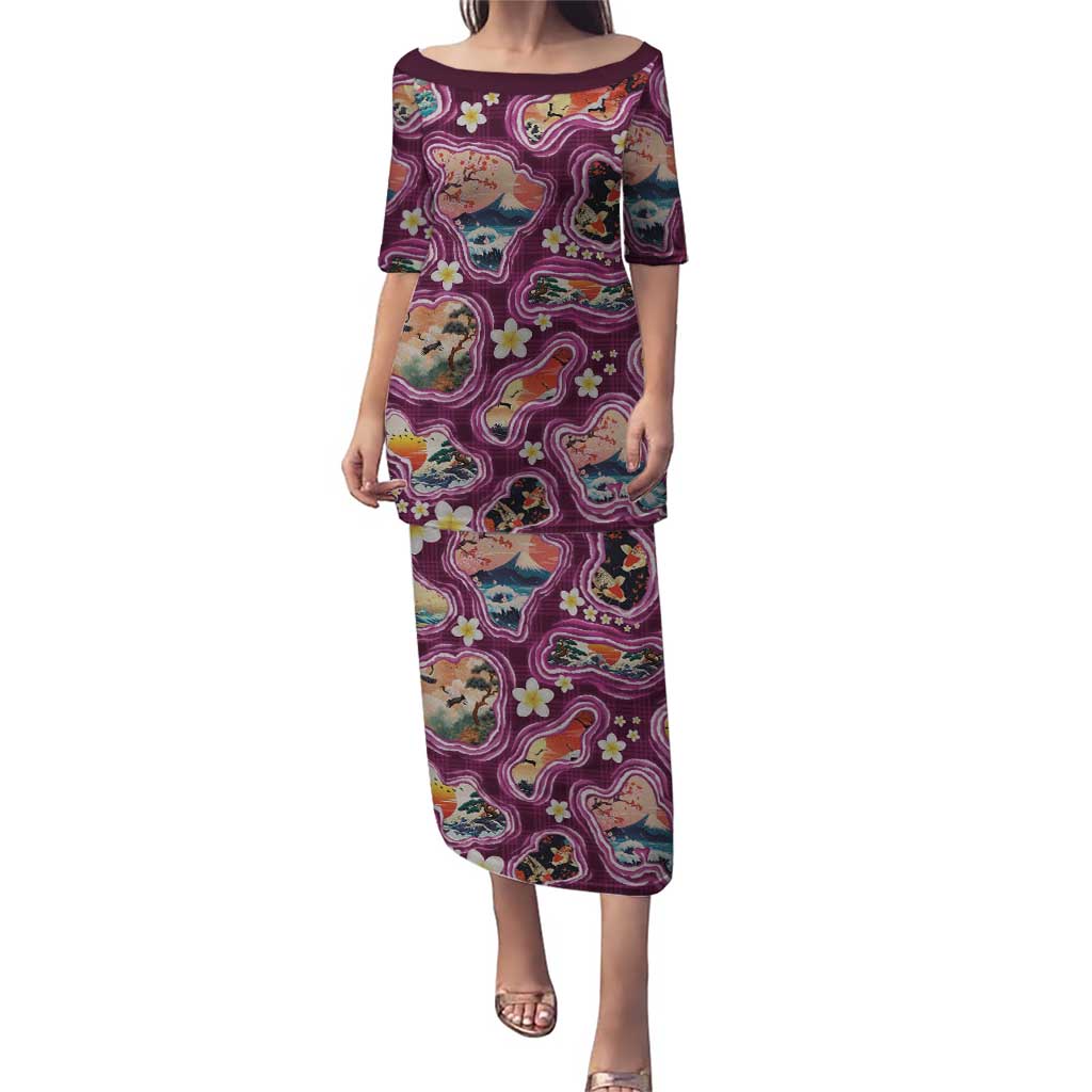 Hawaii Islands Map Design with Japanese Landscape Puletasi Hawaiian Japan Fusion Art Pink Color LT03 Long Dress Pink - Polynesian Pride