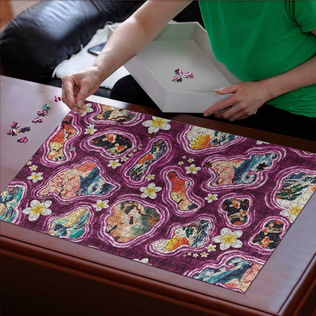 Hawaii Islands Map Design with Japanese Landscape Puzzle Hawaiian Japan Fusion Art Pink Color LT03 - Polynesian Pride